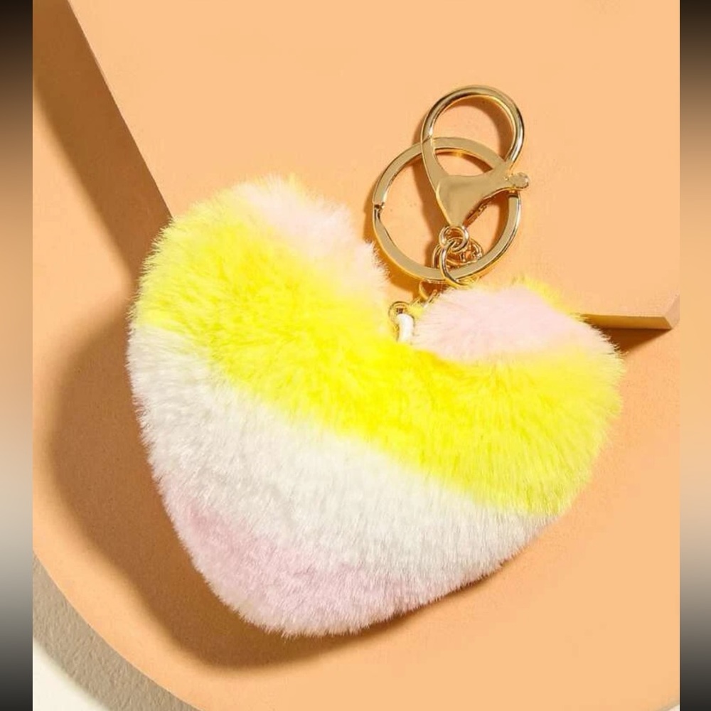 💛 Awesome Large Fuzzy Furry PomPom Heart Bright Striped Keychain 💛